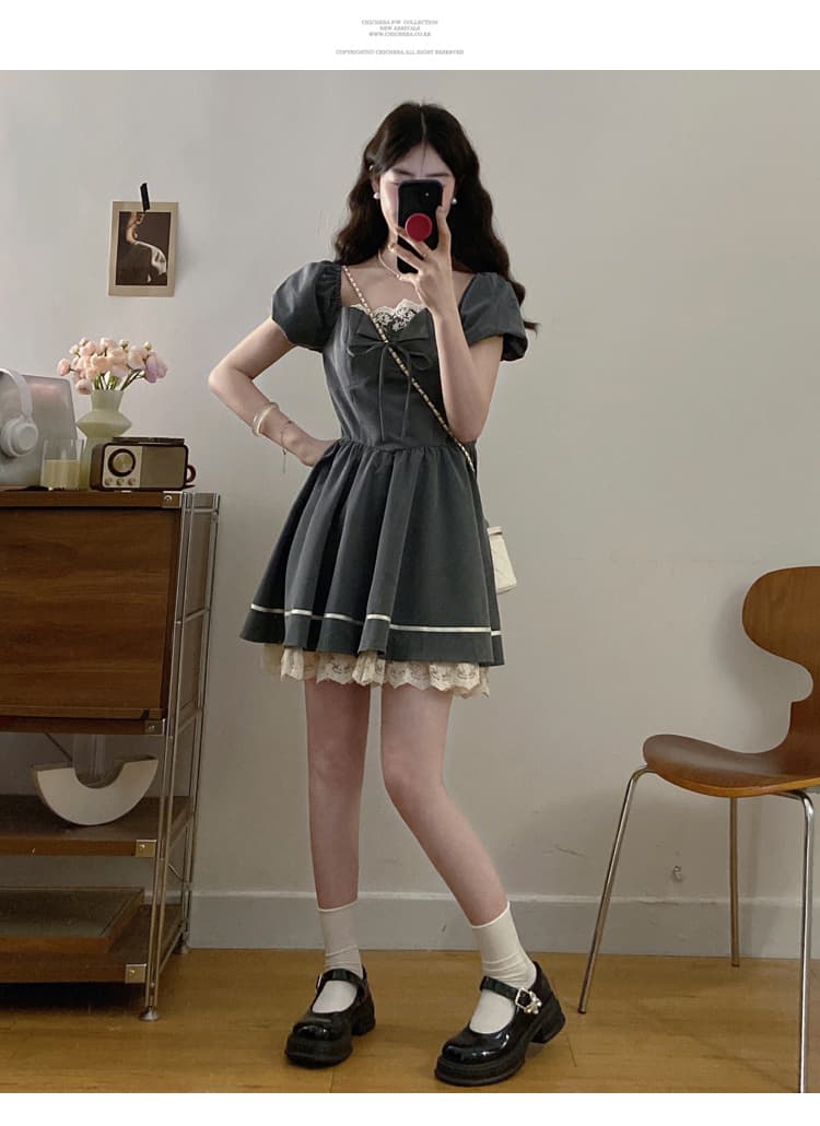 실사 빅 사이즈 여성 의류 연령 감소 학원 피닉스 회색 관대 한 칼라 레이스 레이스 패치워크 센스 반팔 드레스 상세 이미지 11