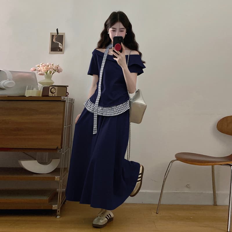 실사 빅 사이즈 여성 의류 마이크로 지방 mm 슬림해 보이는 세트 서리가 내린 바람 작은 대중 아니요 명중 섹션 맨위 반신 스커트 투피스 세트 이미지 3