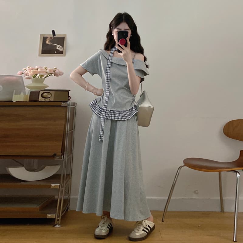 실사 빅 사이즈 여성 의류 마이크로 지방 mm 슬림해 보이는 세트 서리가 내린 바람 작은 대중 아니요 명중 섹션 맨위 반신 스커트 투피스 세트 이미지 2