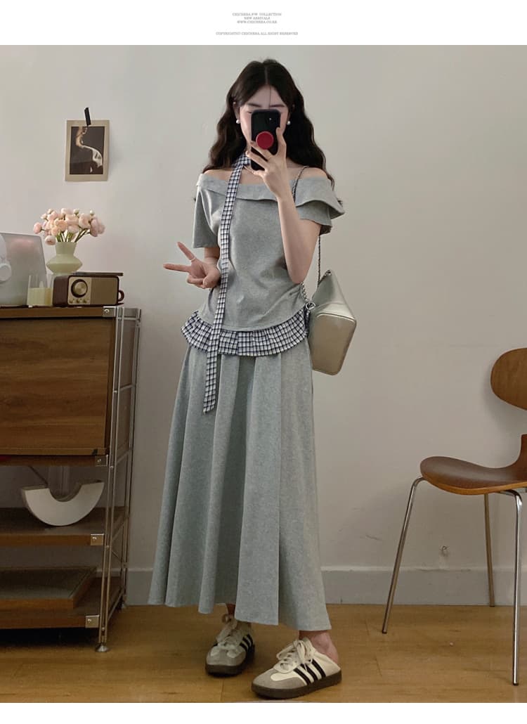 실사 빅 사이즈 여성 의류 마이크로 지방 mm 슬림해 보이는 세트 서리가 내린 바람 작은 대중 아니요 명중 섹션 맨위 반신 스커트 투피스 세트 상세 이미지 14
