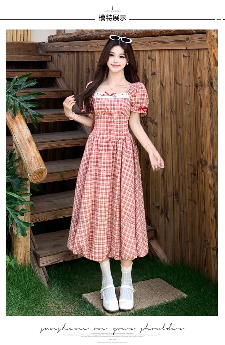 실사 빅 사이즈 여성 의류 마이크로 지방 mm 슬림해 보이는 체크무늬 인형 치마 프랑스식 레트로 스타일 꽃밭 디자인 레이스업 드레스 상세 이미지 8