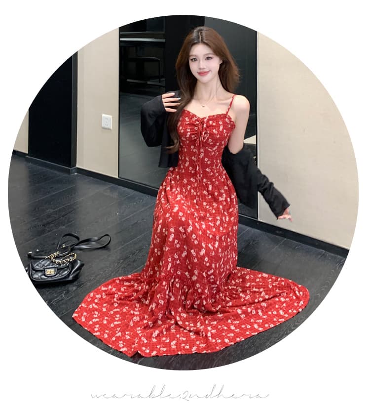 실사 빅 사이즈 여성 의류 지방 mm 슬림해 보이는 꽃무늬 치마 프랑스식 레트로 휴가 바람 롱 코트 슬립 드레스 투피스 세트 상세 이미지 11