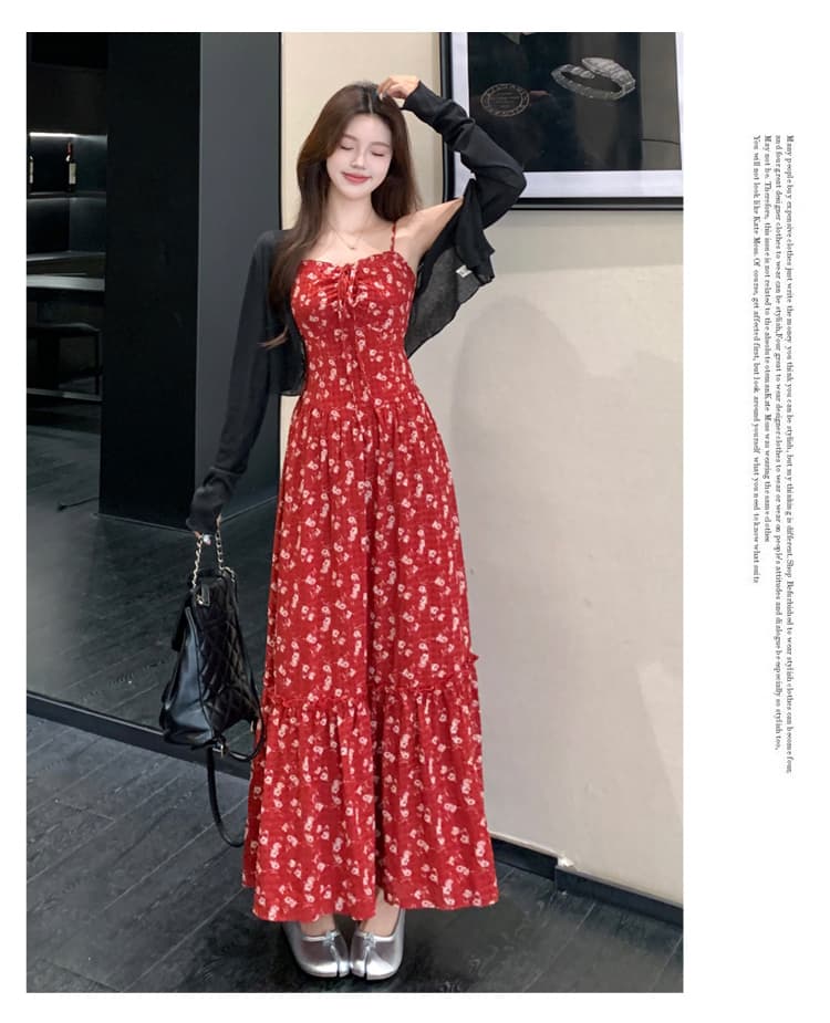 실사 빅 사이즈 여성 의류 지방 mm 슬림해 보이는 꽃무늬 치마 프랑스식 레트로 휴가 바람 롱 코트 슬립 드레스 투피스 세트 상세 이미지 24
