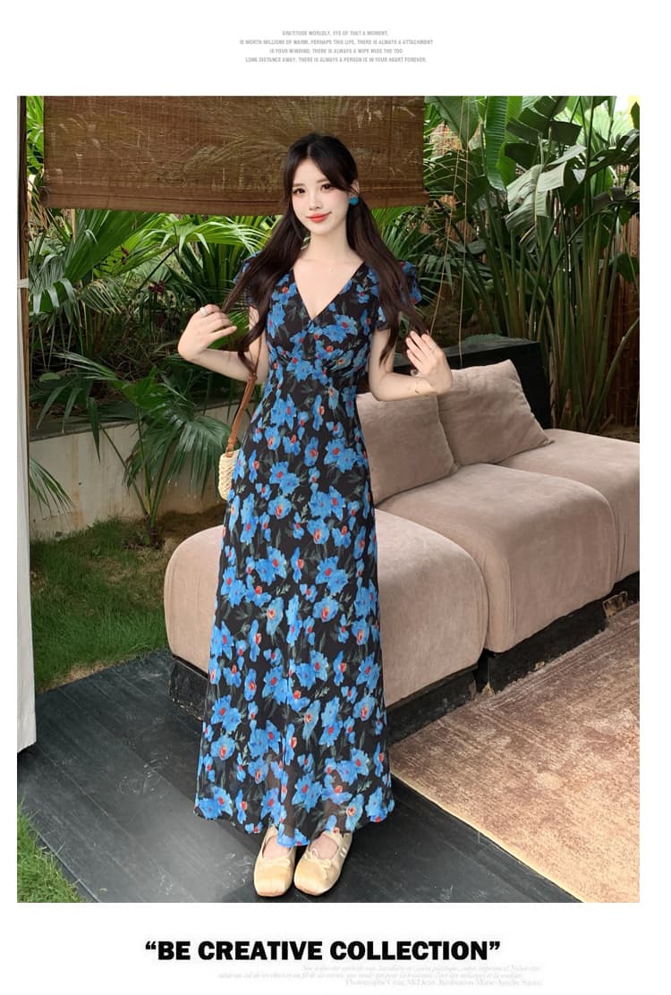 실사 블루 데이지 꽃무늬 휴가 드레스 V넥 허리 수축 슬림해 보이는 반팔 유럽 만약 바람 빅 사이즈 여성 의류 길다 치마 상세 이미지 18