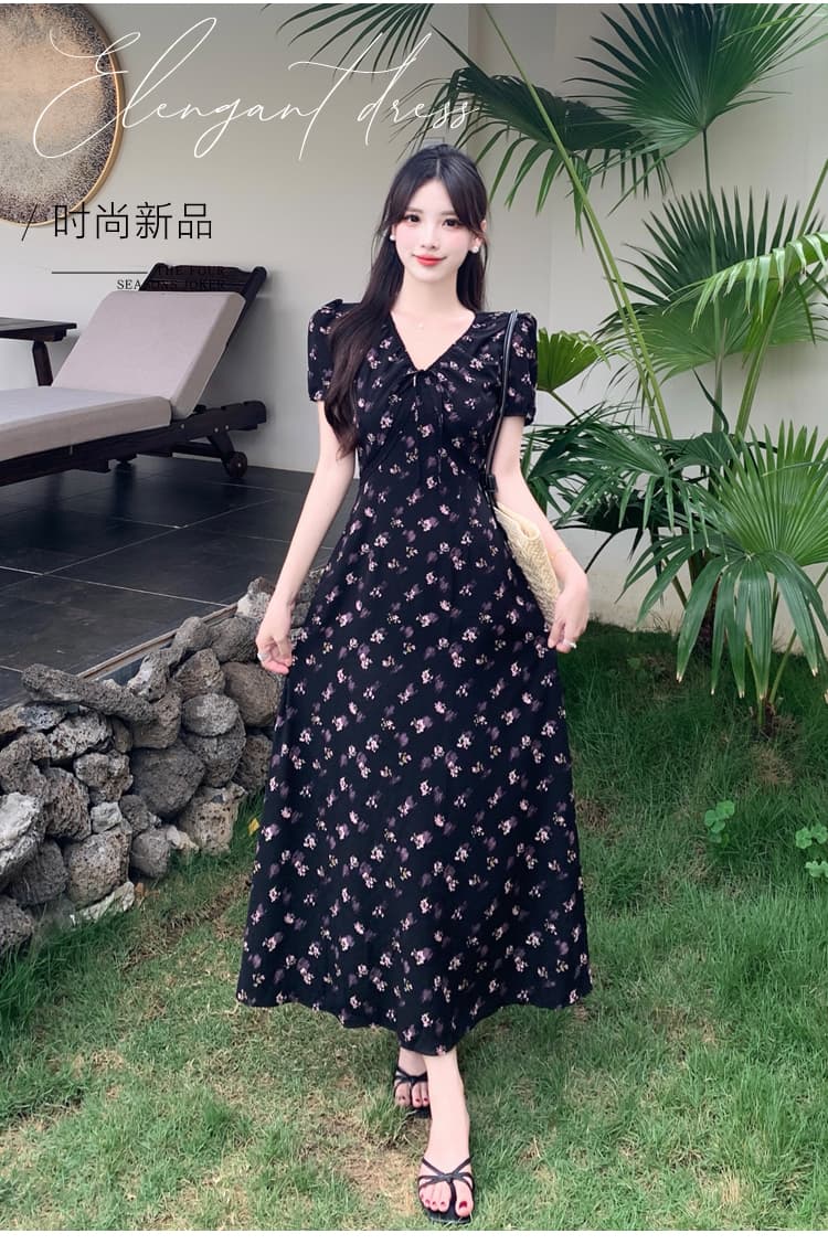 실사 빅 사이즈 여성 의류 이상적인 치마 프랑스식 낭만주의 꽃무늬 드레스 V넥 허리 수축 슬림해 보이는 휴가 바람 치마 상세 이미지 2