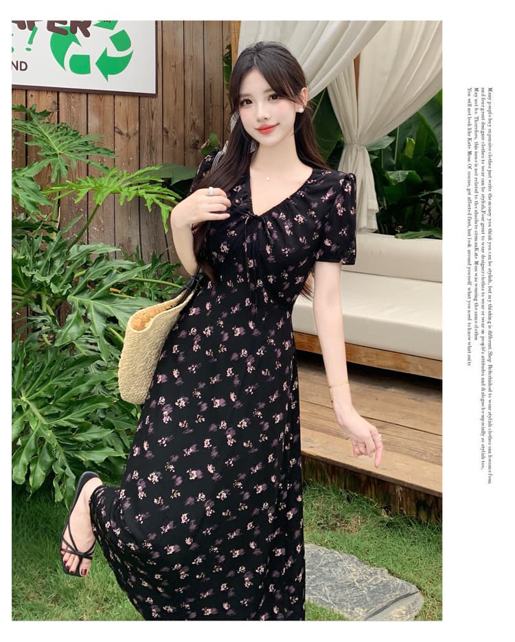 실사 빅 사이즈 여성 의류 이상적인 치마 프랑스식 낭만주의 꽃무늬 드레스 V넥 허리 수축 슬림해 보이는 휴가 바람 치마 상세 이미지 9
