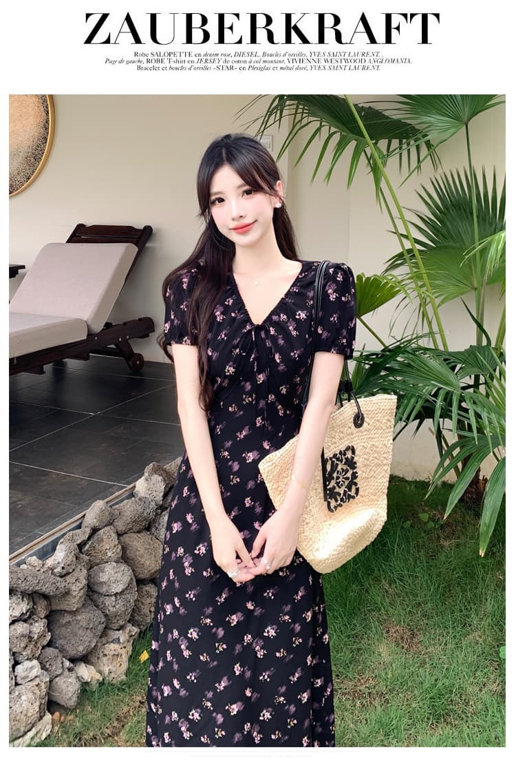 실사 빅 사이즈 여성 의류 이상적인 치마 프랑스식 낭만주의 꽃무늬 드레스 V넥 허리 수축 슬림해 보이는 휴가 바람 치마 상세 이미지 12