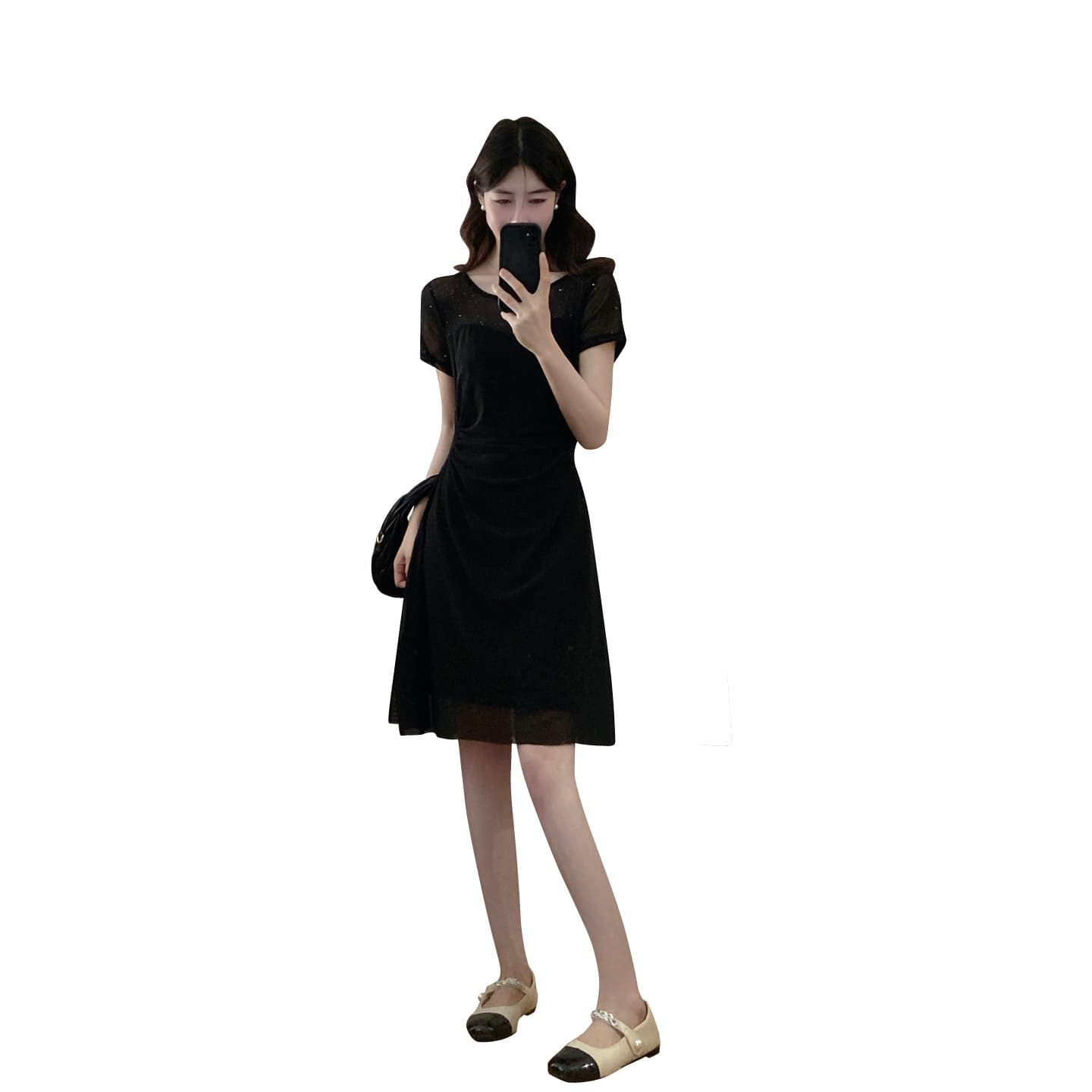 실사 여름 새로운 자이언트 슬림해 보이는 표지 고기 빅 사이즈 지방 mm 드레스 고급 센스 그는 벤 바람 작은 검은 드레스 이미지 5