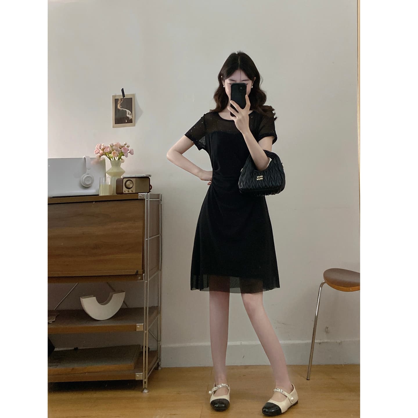 실사 여름 새로운 자이언트 슬림해 보이는 표지 고기 빅 사이즈 지방 mm 드레스 고급 센스 그는 벤 바람 작은 검은 드레스 이미지 3