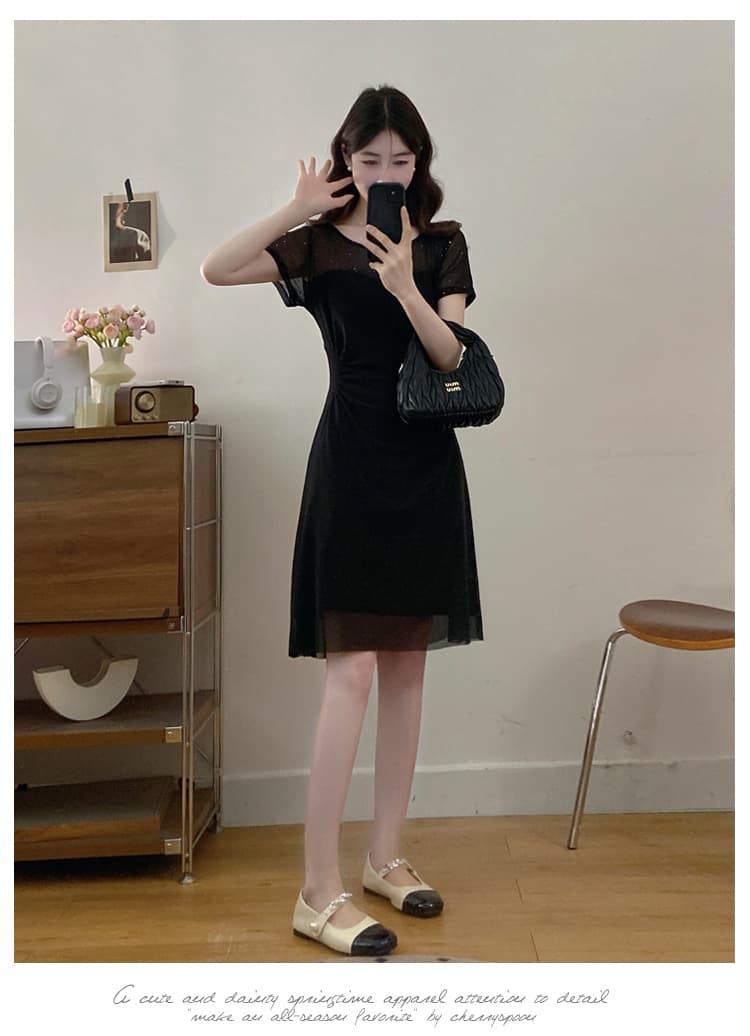 실사 여름 새로운 자이언트 슬림해 보이는 표지 고기 빅 사이즈 지방 mm 드레스 고급 센스 그는 벤 바람 작은 검은 드레스 상세 이미지 9