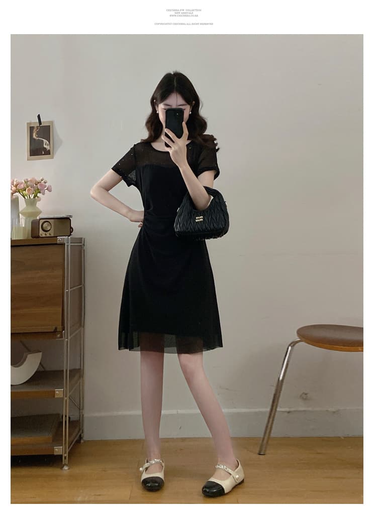 실사 여름 새로운 자이언트 슬림해 보이는 표지 고기 빅 사이즈 지방 mm 드레스 고급 센스 그는 벤 바람 작은 검은 드레스 상세 이미지 12
