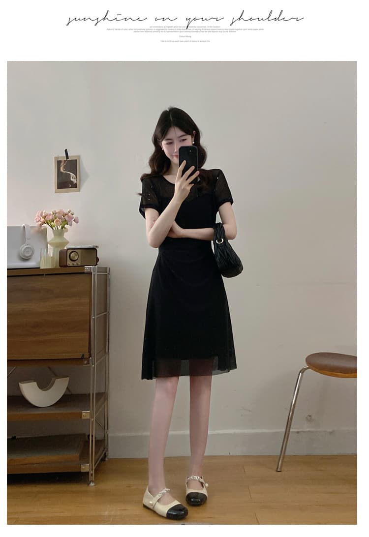 실사 여름 새로운 자이언트 슬림해 보이는 표지 고기 빅 사이즈 지방 mm 드레스 고급 센스 그는 벤 바람 작은 검은 드레스 상세 이미지 16