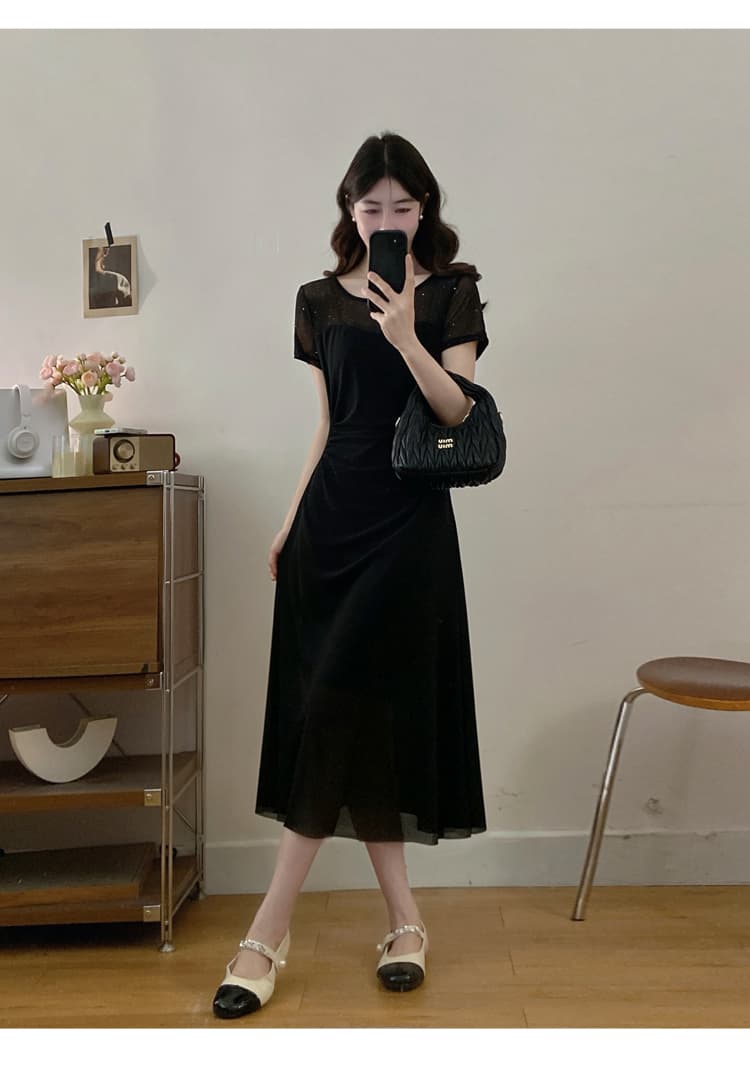 실사 여름 새로운 자이언트 슬림해 보이는 표지 고기 빅 사이즈 지방 mm 드레스 고급 센스 그는 벤 바람 작은 검은 드레스 상세 이미지 23