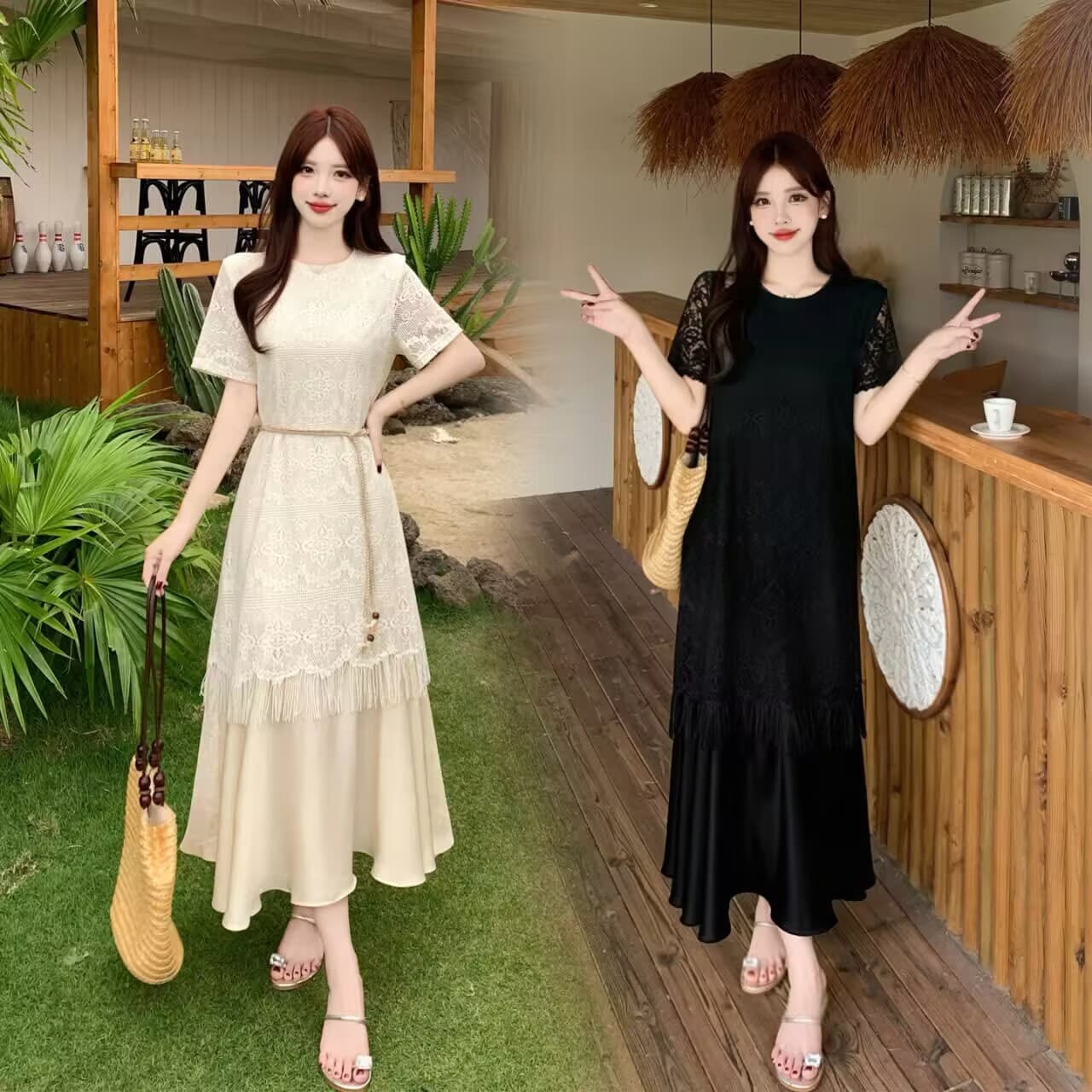 실사 빅 사이즈 지방 mm 여름 새로운 품격 우아함 빛 요리 한 바람 레이스 술 페이크 레이어드 드레스 이미지 2