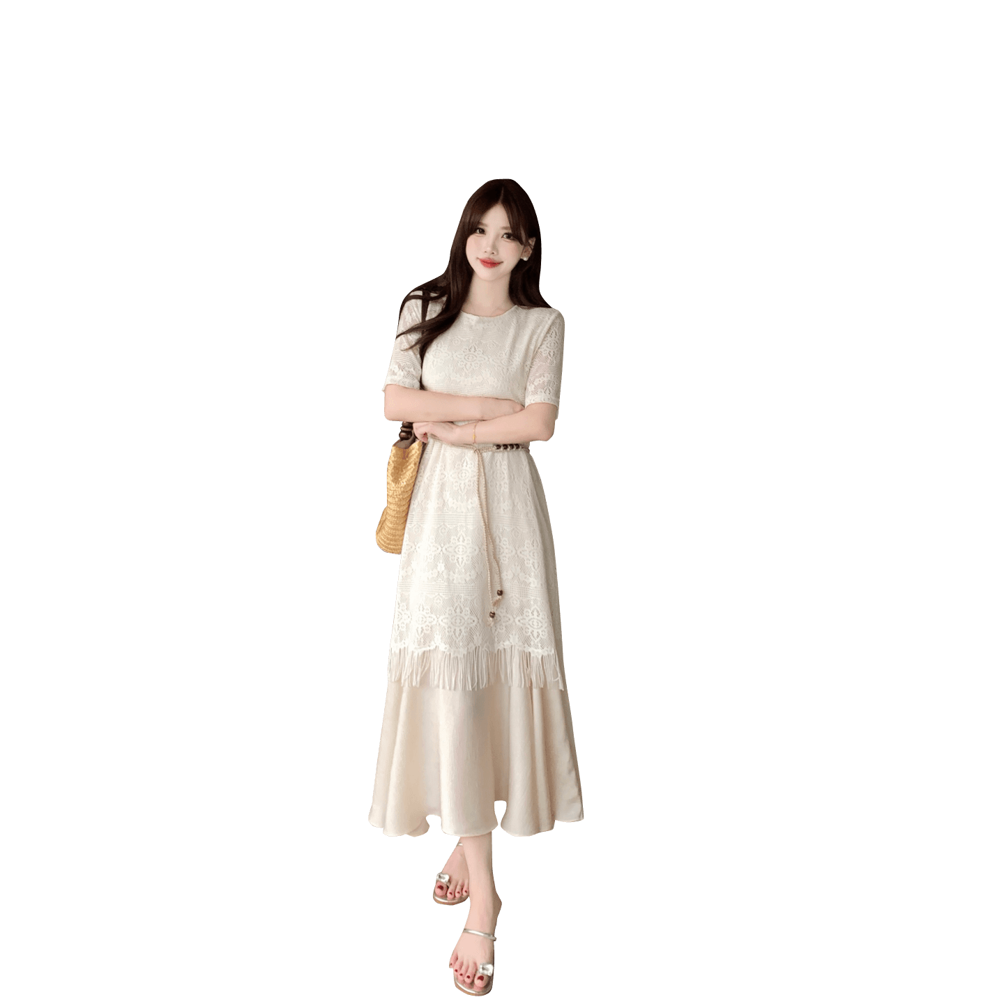 실사 빅 사이즈 지방 mm 여름 새로운 품격 우아함 빛 요리 한 바람 레이스 술 페이크 레이어드 드레스 이미지 6