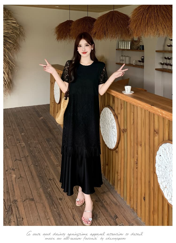 실사 빅 사이즈 지방 mm 여름 새로운 품격 우아함 빛 요리 한 바람 레이스 술 페이크 레이어드 드레스 상세 이미지 9