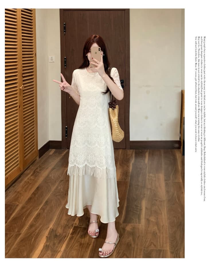 실사 빅 사이즈 지방 mm 여름 새로운 품격 우아함 빛 요리 한 바람 레이스 술 페이크 레이어드 드레스 상세 이미지 10