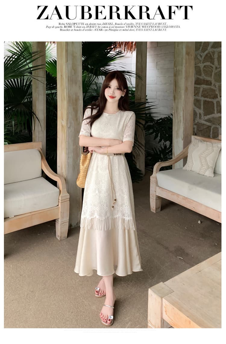 실사 빅 사이즈 지방 mm 여름 새로운 품격 우아함 빛 요리 한 바람 레이스 술 페이크 레이어드 드레스 상세 이미지 13