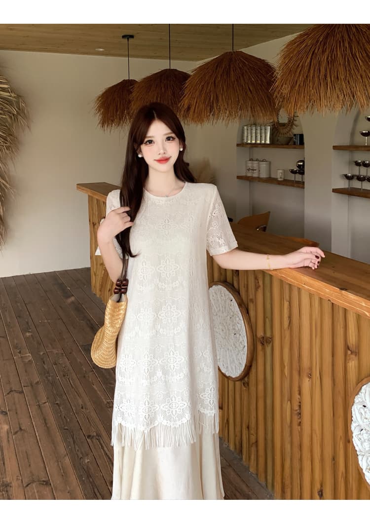 실사 빅 사이즈 지방 mm 여름 새로운 품격 우아함 빛 요리 한 바람 레이스 술 페이크 레이어드 드레스 상세 이미지 21