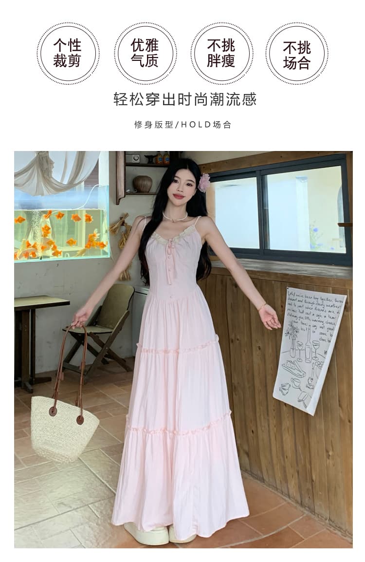 실사 초기 일어나세요. Pinellia 빅 사이즈 여성 의류 핑크색 프랑스식 낭만주의 슬립 롱 스커트 여성 여름 휴가 바람 드레스 상세 이미지 2