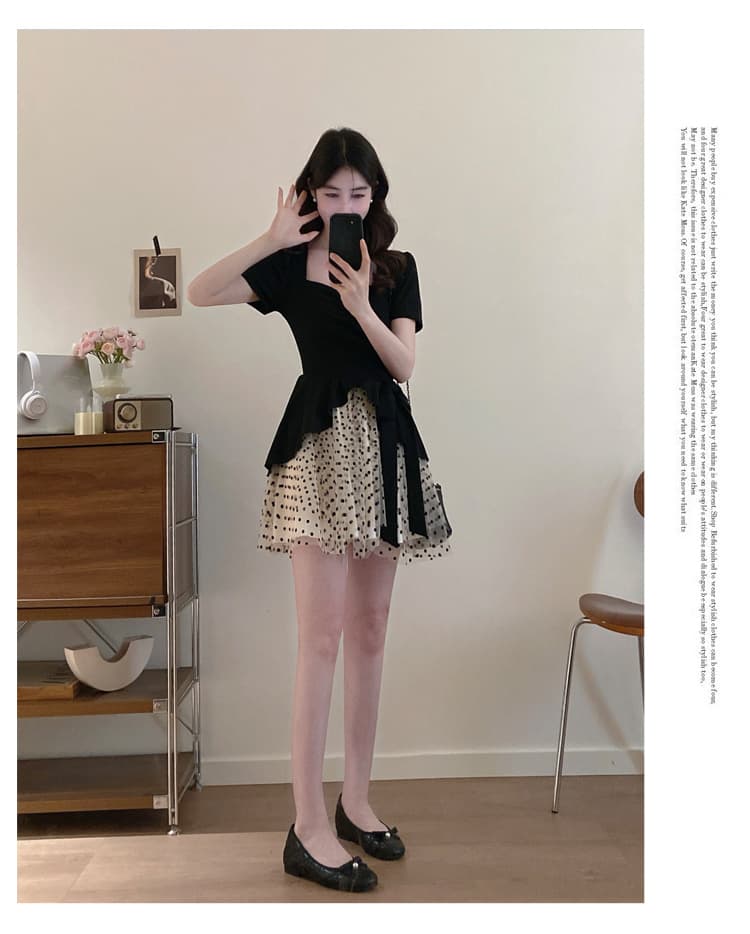 실사 빅 사이즈 여성 의류 지방 mm 슬림해 보이는 미니멀리즘 관대 한 드레스 디자인 센스 페이크 레이어드 망사 치마 그는 벤 바람 상세 이미지 9