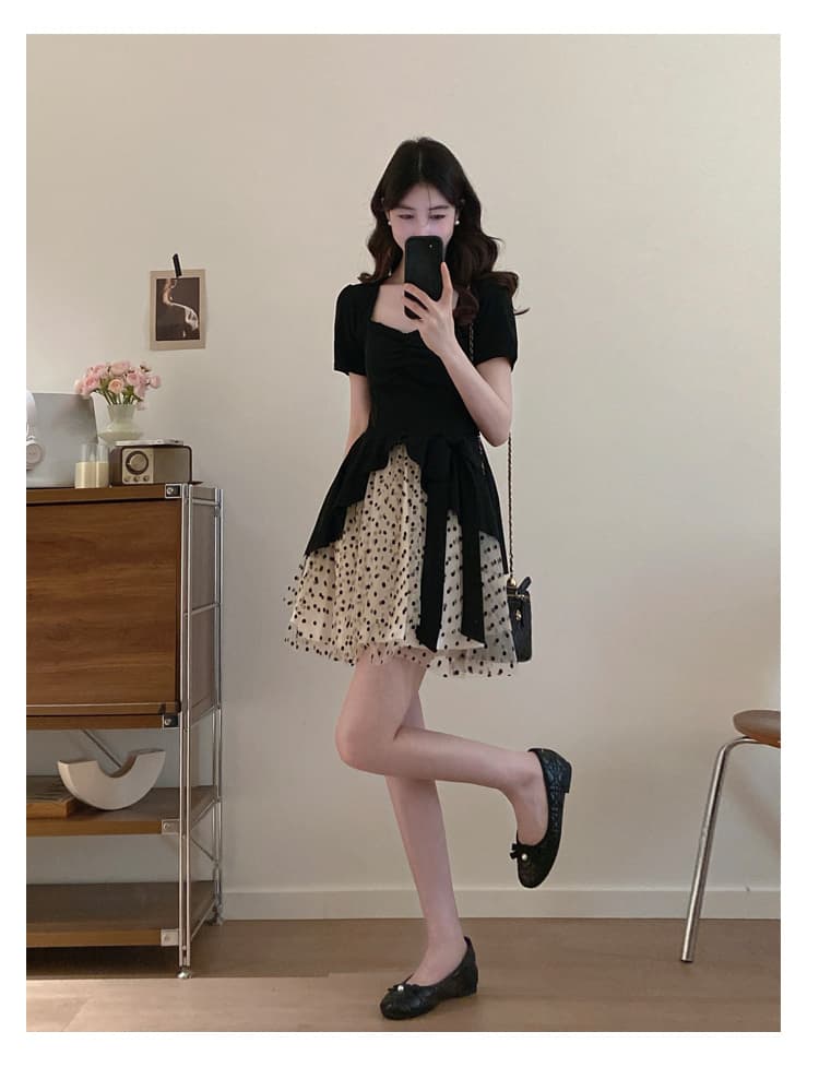 실사 빅 사이즈 여성 의류 지방 mm 슬림해 보이는 미니멀리즘 관대 한 드레스 디자인 센스 페이크 레이어드 망사 치마 그는 벤 바람 상세 이미지 14