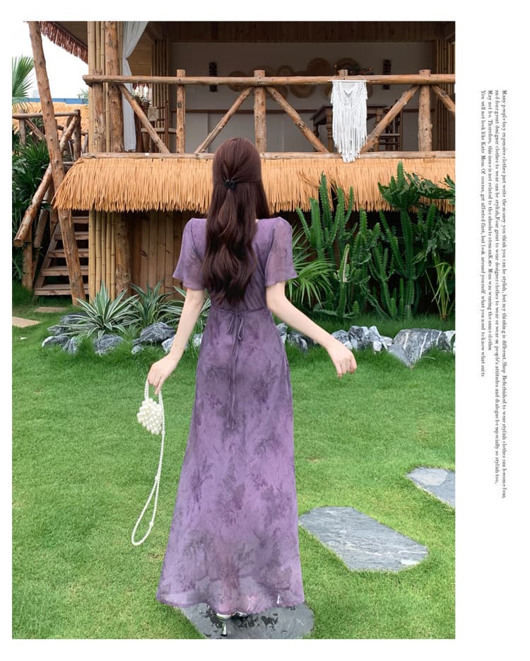 실사 얇은 포도 나무 보라색 연 모카 장미 빅 사이즈 여성 의류 프랑스식 꽃무늬 드레스 몸매 가꾸기 슬림해 보이는 V넥 롱 스커트 상세 이미지 9