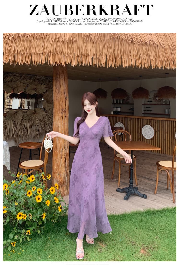실사 얇은 포도 나무 보라색 연 모카 장미 빅 사이즈 여성 의류 프랑스식 꽃무늬 드레스 몸매 가꾸기 슬림해 보이는 V넥 롱 스커트 상세 이미지 12