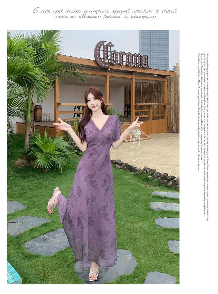 실사 얇은 포도 나무 보라색 연 모카 장미 빅 사이즈 여성 의류 프랑스식 꽃무늬 드레스 몸매 가꾸기 슬림해 보이는 V넥 롱 스커트 상세 이미지 16