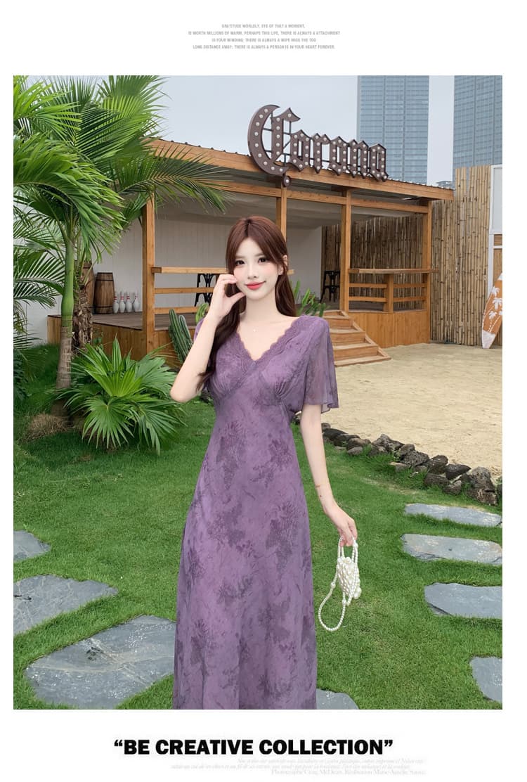 실사 얇은 포도 나무 보라색 연 모카 장미 빅 사이즈 여성 의류 프랑스식 꽃무늬 드레스 몸매 가꾸기 슬림해 보이는 V넥 롱 스커트 상세 이미지 17