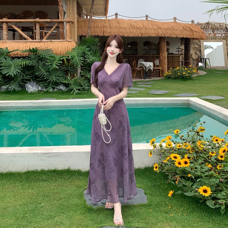 실사 얇은 포도 나무 보라색 연 모카 장미 빅 사이즈 여성 의류 프랑스식 꽃무늬 드레스 몸매 가꾸기 슬림해 보이는 V넥 롱 스커트 이미지 2