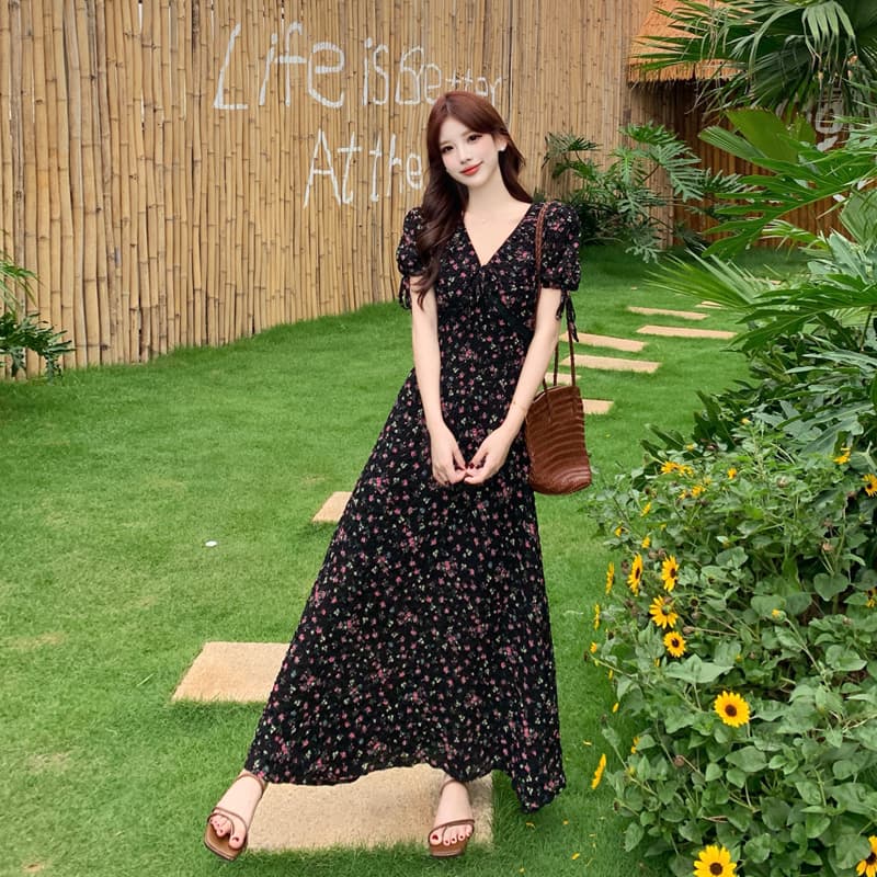 실사 빅 사이즈 여성 의류 프랑스식 꽃무늬 슬림해 보이는 드레스 뒤로 조심해. 기계 디자인 센스 품격 휴가 치마 이미지 4