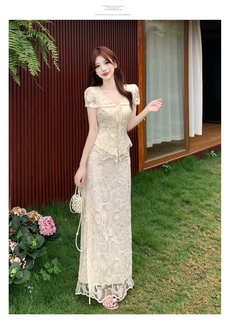 실사 빅 사이즈 새로운 중식 국풍 세트 홀로우 아웃 자수 허리 수축 맨위 하이웨이스트 레이스 반신 스커트 투피스 세트 상세 이미지 18