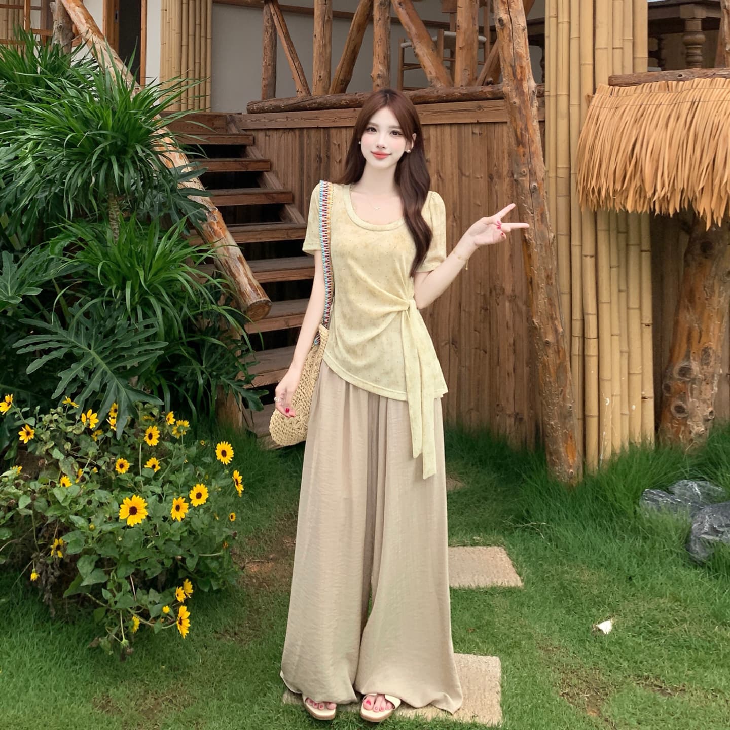 실사 남쪽 바람 대중 교통 빅 사이즈 여성 의류 여름 드레스 신제품 출퇴근 바람 빛 요리 한 품격 티셔츠 와이드 레그 팬츠 투피스 슈트 이미지 2