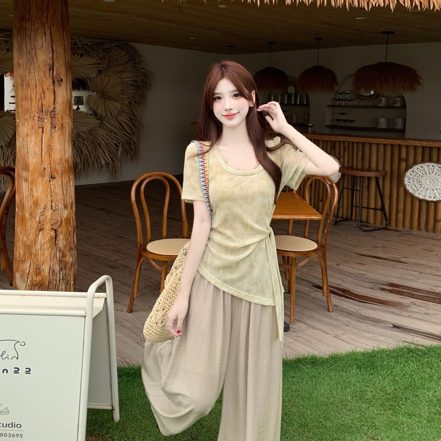 실사 남쪽 바람 대중 교통 빅 사이즈 여성 의류 여름 드레스 신제품 출퇴근 바람 빛 요리 한 품격 티셔츠 와이드 레그 팬츠 투피스 슈트 이미지 4