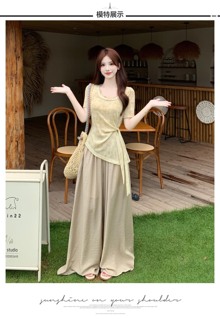 실사 남쪽 바람 대중 교통 빅 사이즈 여성 의류 여름 드레스 신제품 출퇴근 바람 빛 요리 한 품격 티셔츠 와이드 레그 팬츠 투피스 슈트 상세 이미지 7