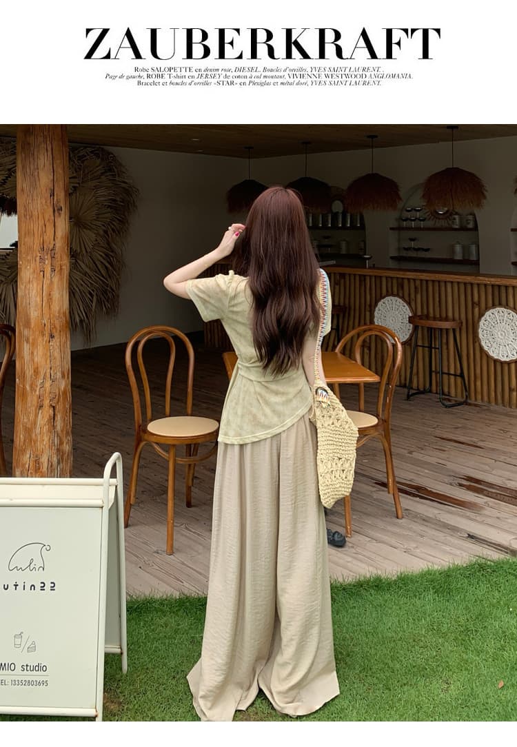 실사 남쪽 바람 대중 교통 빅 사이즈 여성 의류 여름 드레스 신제품 출퇴근 바람 빛 요리 한 품격 티셔츠 와이드 레그 팬츠 투피스 슈트 상세 이미지 12