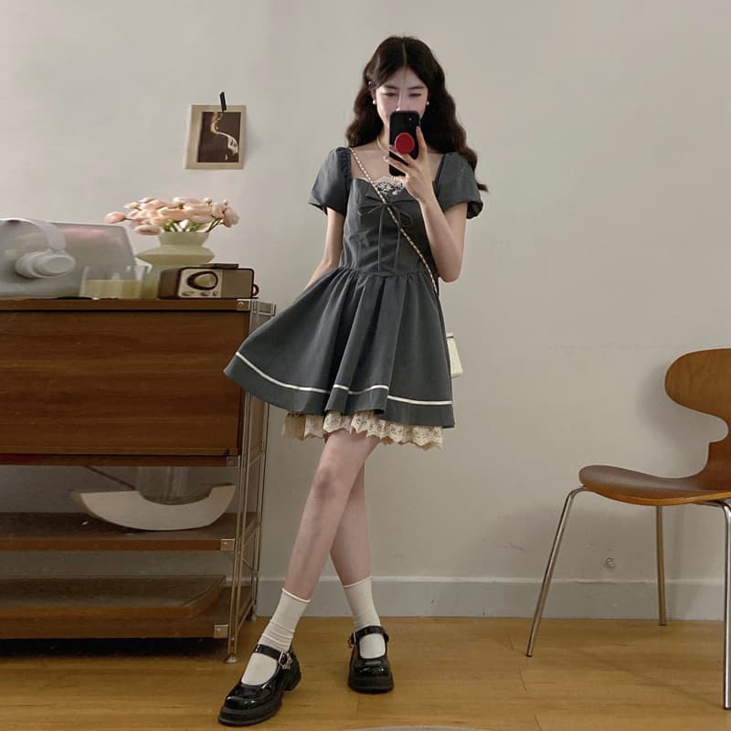 실사 빅 사이즈 여성 의류 연령 감소 학원 피닉스 회색 관대 한 칼라 레이스 레이스 패치워크 센스 반팔 드레스 이미지 5