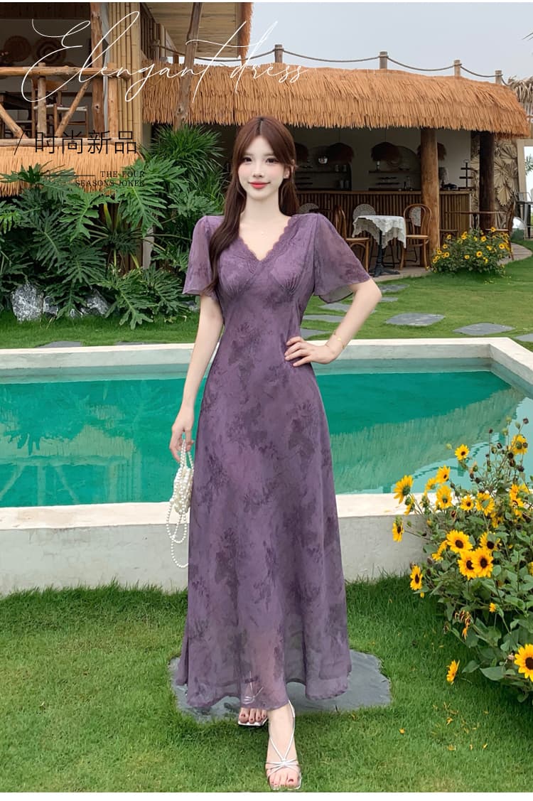 실사 얇은 포도 나무 보라색 연 모카 장미 빅 사이즈 여성 의류 프랑스식 꽃무늬 드레스 몸매 가꾸기 슬림해 보이는 V넥 롱 스커트 상세 이미지 2