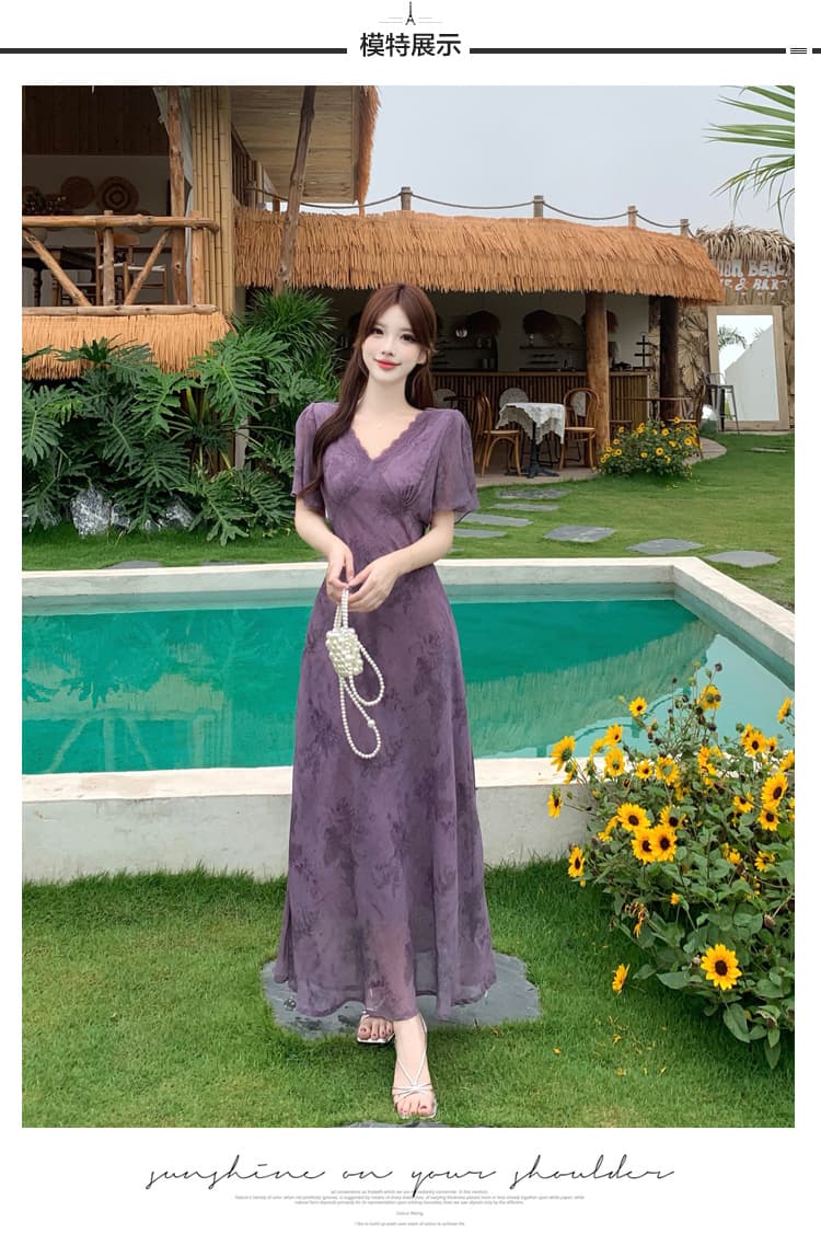 실사 얇은 포도 나무 보라색 연 모카 장미 빅 사이즈 여성 의류 프랑스식 꽃무늬 드레스 몸매 가꾸기 슬림해 보이는 V넥 롱 스커트 상세 이미지 7