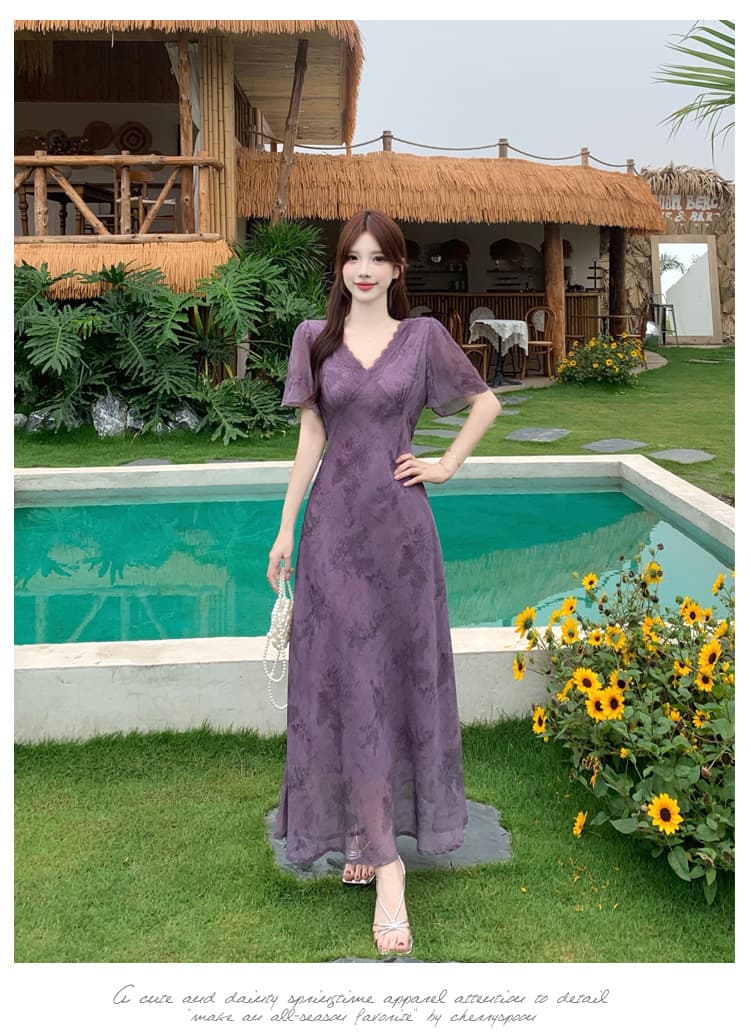 실사 얇은 포도 나무 보라색 연 모카 장미 빅 사이즈 여성 의류 프랑스식 꽃무늬 드레스 몸매 가꾸기 슬림해 보이는 V넥 롱 스커트 상세 이미지 8