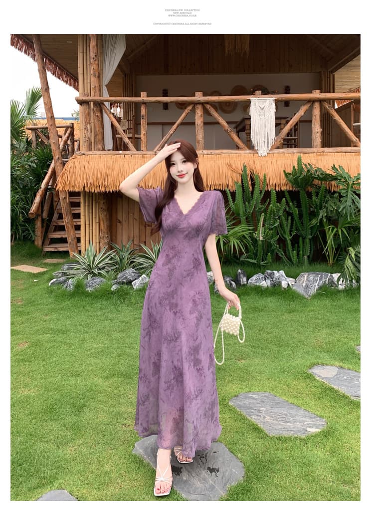 실사 얇은 포도 나무 보라색 연 모카 장미 빅 사이즈 여성 의류 프랑스식 꽃무늬 드레스 몸매 가꾸기 슬림해 보이는 V넥 롱 스커트 상세 이미지 11