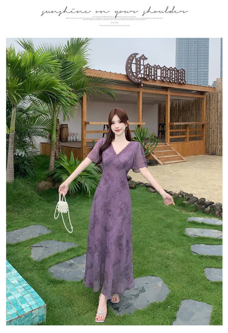 실사 얇은 포도 나무 보라색 연 모카 장미 빅 사이즈 여성 의류 프랑스식 꽃무늬 드레스 몸매 가꾸기 슬림해 보이는 V넥 롱 스커트 상세 이미지 15