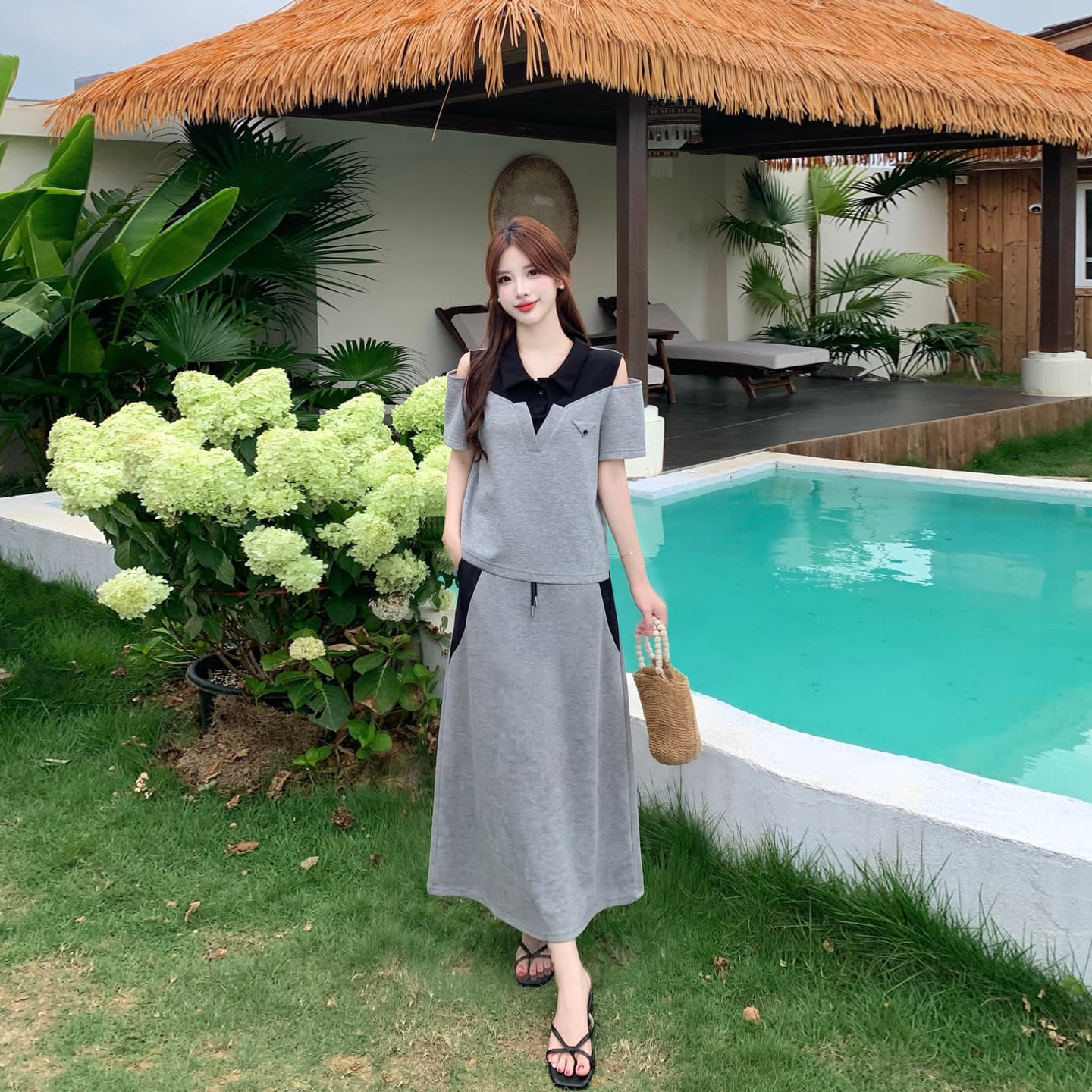 실사 빅 사이즈 지방 mm 슬림해 보이는 여름 드레스 패션 반팔 품격 V넥 오프숄더 디자인 센스 외국 가스 캐주얼 투피스 세트 이미지 3