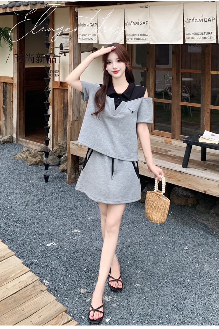 실사 빅 사이즈 지방 mm 슬림해 보이는 여름 드레스 패션 반팔 품격 V넥 오프숄더 디자인 센스 외국 가스 캐주얼 투피스 세트 상세 이미지 2