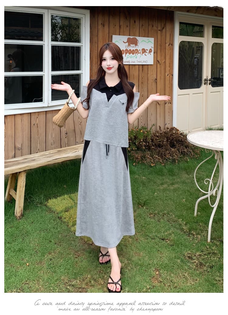 실사 빅 사이즈 지방 mm 슬림해 보이는 여름 드레스 패션 반팔 품격 V넥 오프숄더 디자인 센스 외국 가스 캐주얼 투피스 세트 상세 이미지 9