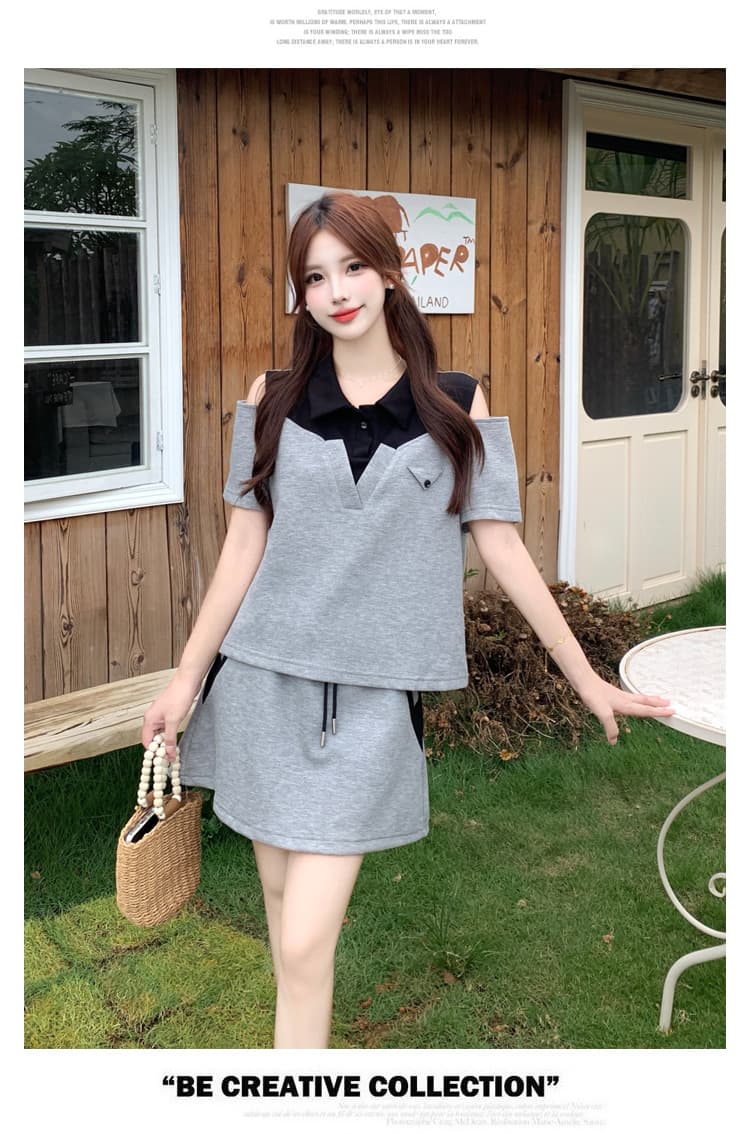 실사 빅 사이즈 지방 mm 슬림해 보이는 여름 드레스 패션 반팔 품격 V넥 오프숄더 디자인 센스 외국 가스 캐주얼 투피스 세트 상세 이미지 11