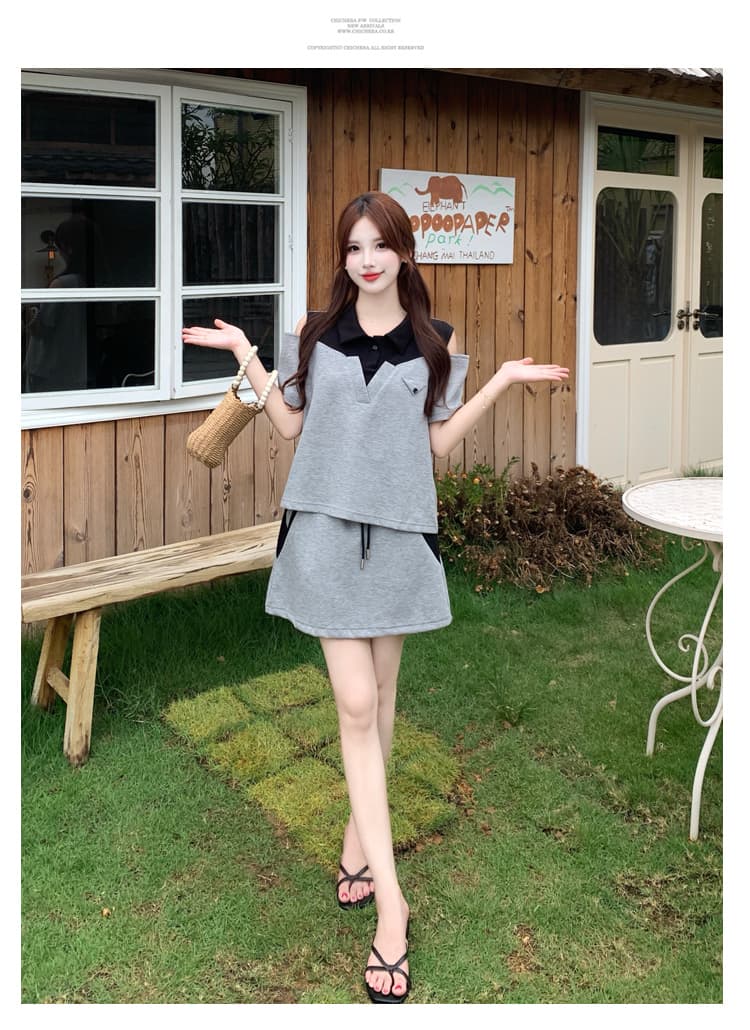 실사 빅 사이즈 지방 mm 슬림해 보이는 여름 드레스 패션 반팔 품격 V넥 오프숄더 디자인 센스 외국 가스 캐주얼 투피스 세트 상세 이미지 12