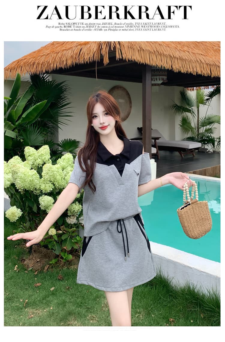 실사 빅 사이즈 지방 mm 슬림해 보이는 여름 드레스 패션 반팔 품격 V넥 오프숄더 디자인 센스 외국 가스 캐주얼 투피스 세트 상세 이미지 13