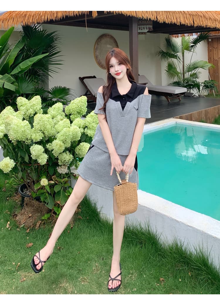 실사 빅 사이즈 지방 mm 슬림해 보이는 여름 드레스 패션 반팔 품격 V넥 오프숄더 디자인 센스 외국 가스 캐주얼 투피스 세트 상세 이미지 14